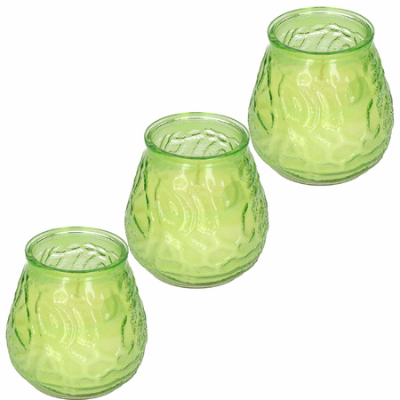 Windlicht geurkaars - 3x - groen glas - 48 branduren - citrusgeur