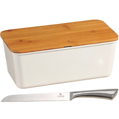 White bread bin with cutting board lid and a SS bread knife 18 x 34 x 14 cm