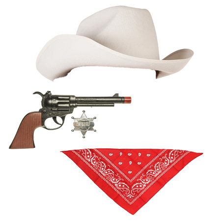 White carnaval cowboys hat with red handkerchief and gun