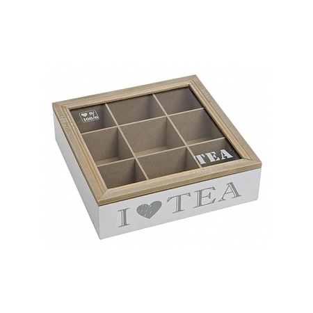 breng de actie Verwaand navigatie Witte houten theedoos met 9 vakken I love tea - Thee dozen - Bellatio  warenhuis