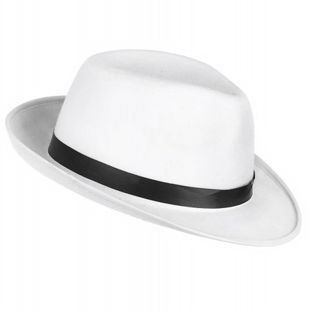 Carnaval verkleed set compleet - gangster/maffia hoedje met stropdas - wit - volwassenen