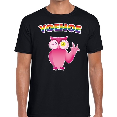 Yoehoe gay pride knipogende roze uil t-shirt zwart voor heren