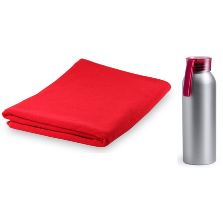 Yoga/fitness set rode handdoek extra absorberend en bidon/drinkfles
