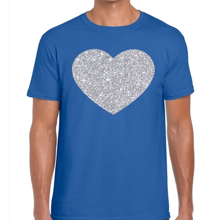 Zilver hart glitter fun t-shirt blauw heren