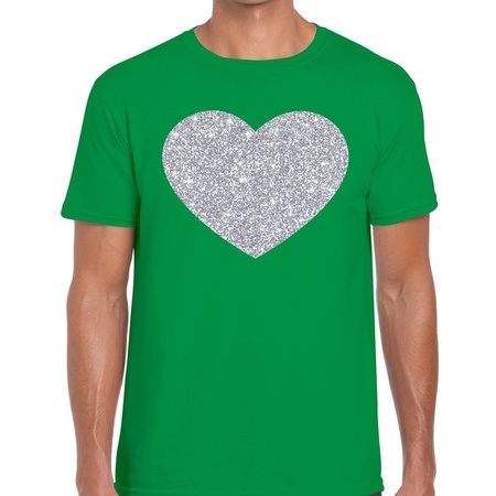 Zilver hart glitter fun t-shirt groen heren