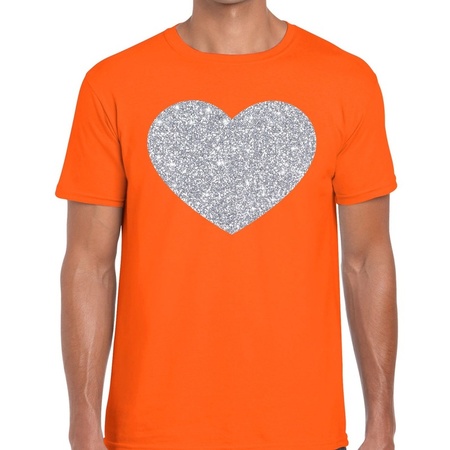 Zilver hart glitter fun t-shirt oranje heren