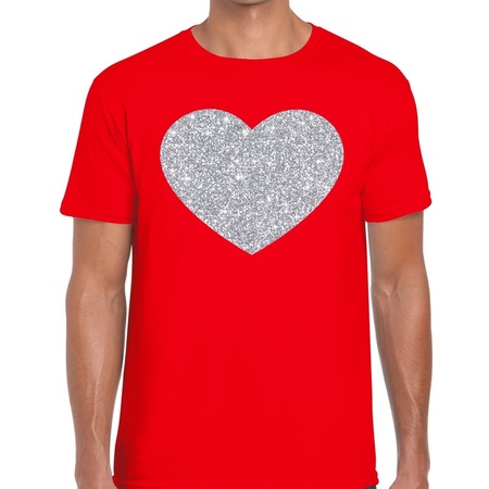 Zilver hart glitter fun t-shirt rood heren