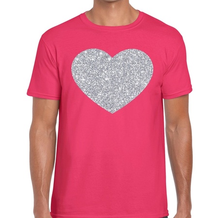 Zilver hart glitter fun t-shirt roze heren