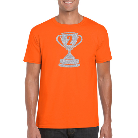 Zilveren kampioens beker / nummer 2  t-shirt / kleding oranje heren