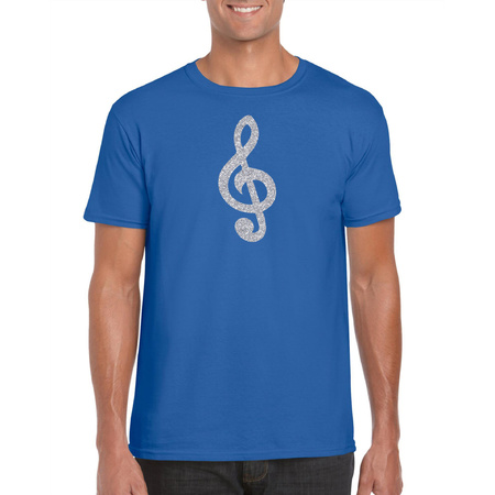 Zilveren muziek noot G-sleutel / muziek feest t-shirt / kleding blauw heren