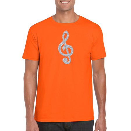 Zilveren muziek noot G-sleutel / muziek feest t-shirt / kleding oranje heren