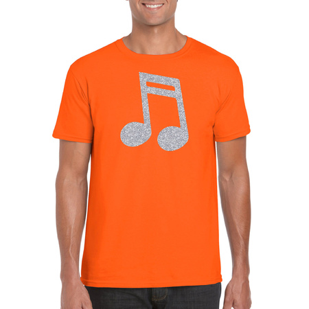 Zilveren muziek noot / muziek feest t-shirt / kleding oranje heren