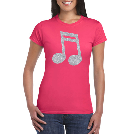 Zilveren muziek noot / muziek feest t-shirt / kleding roze dames