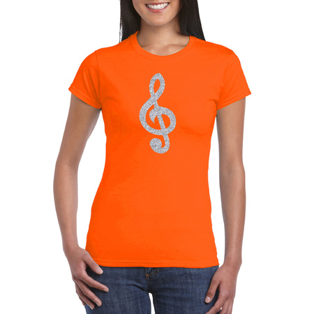 Zilveren muzieknoot G-sleutel / muziek feest t-shirt / kleding oranje dames