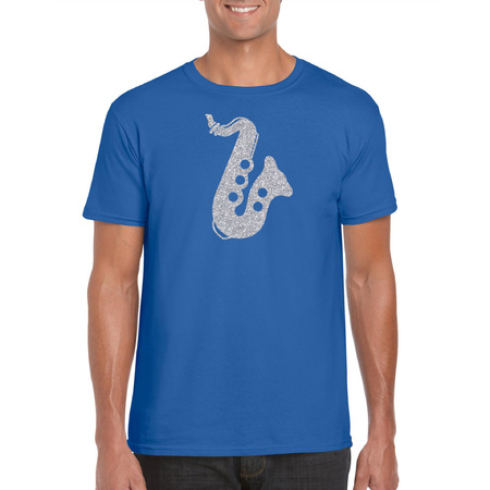 Zilveren saxofoon / muziek t-shirt / kleding blauw heren