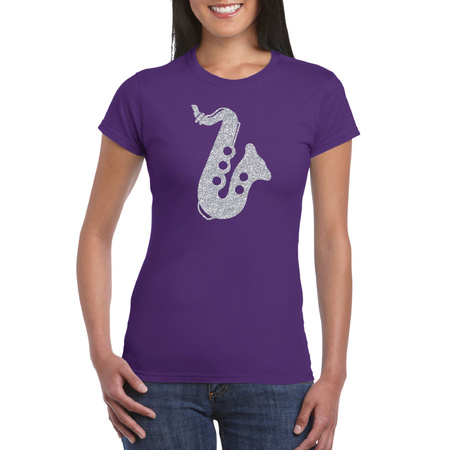 Zilveren saxofoon / muziek t-shirt / kleding paars dames