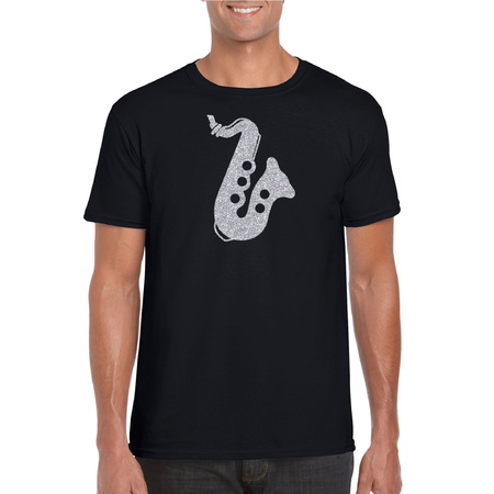 Zilveren saxofoon / muziek t-shirt / kleding zwart heren