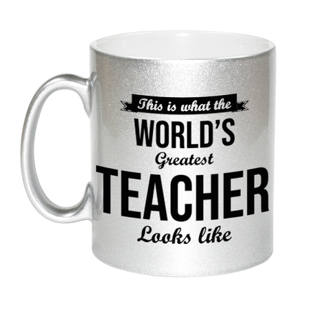 Zilveren Worlds Greatest Teacher cadeau koffiemok / theebeker voor leraar / lerares 330 ml 