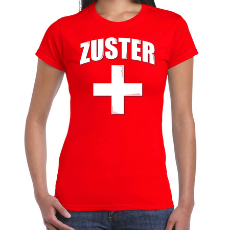 Zuster met kruis verkleed t-shirt rood voor dames