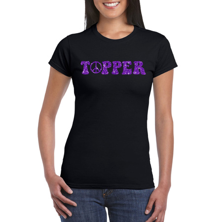 Toppers in concert - Zwart Flower Power t-shirt Topper met paarse letters dames