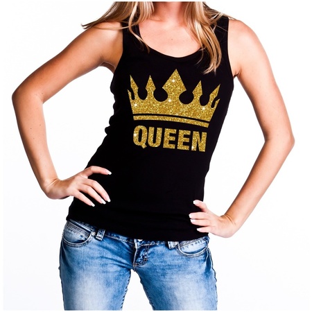 Zwart Koningsdag Queen tanktop met gouden glitters dames
