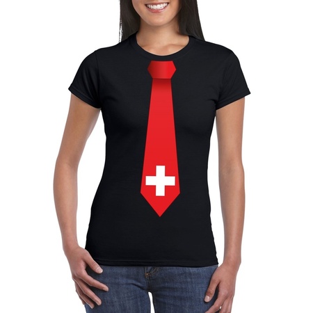 Zwart t-shirt met Zwitserland vlag stropdas dames