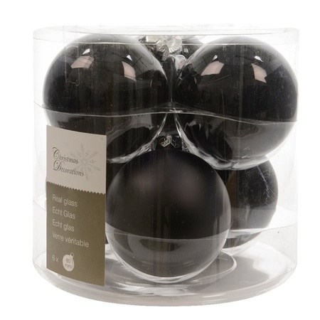 Glazen kerstballen pakket zwart glans/mat 32x stuks inclusief piek mat