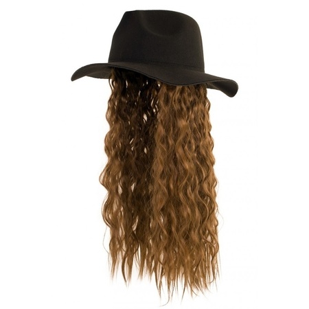 Zwarte verkleed hoed met pruik lang bruin haar 